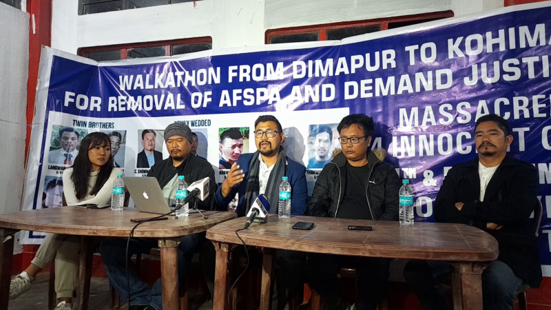 ENSF President Chingmak Chang, ‘March Against AFSPA’ coordinator Kevitho Kera and others address a press conference after the culmination of the Day-I march on January 10 in Piphema. (Morung Photo)